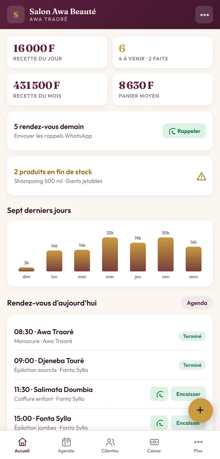 L'écran d'accueil : recette du jour, rendez-vous, alertes de stock