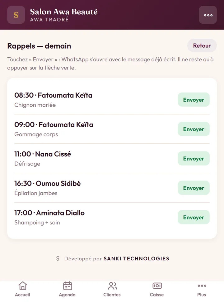 La liste des rappels du lendemain, un bouton Envoyer par cliente